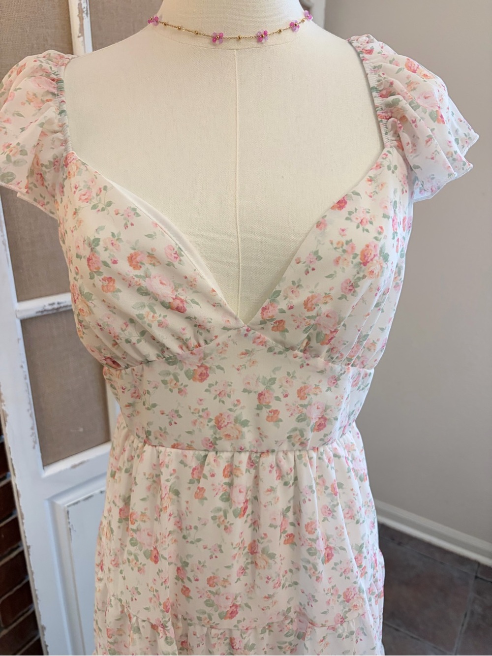 Altar’d State NWT Ivory Pink Floral Open Back Bow Mini Dress XL